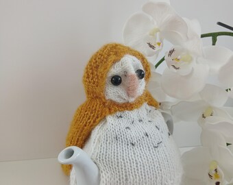 Hand Knitted Barn Owl Tea Cosy | Realistic Owl Teapot Cover | Alpaca & Mohair Tea Cozy | Cottagecore Kitchen Decor | Fits 2 Cup Teapot