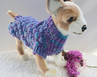 Hand Knit Welsh Wool Dog Jumper XS | Bubble Stitch, Purple Blue & Green