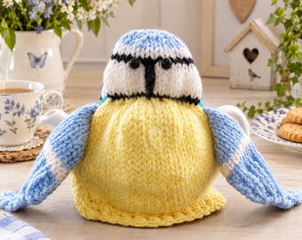 Blue Tit Tea Cosy, Knitted Bird Teapot Cover, 2 Cup Teapot Cosy, Handmade Tea Cozy, Bird Lover Gift, Cottage Kitchen Decor
