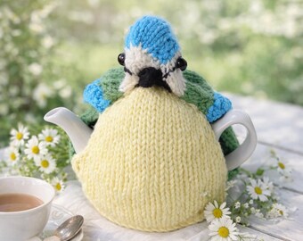Hand Knitted Bird Tea Cosy – 2 Cup Teapot Cover – Cute Blue Tit Design – Handmade Teapot Cozy – Cottage Kitchen Decor