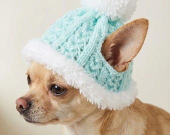Hand-Knit Dog Hat Faux Fur Trim Pom Pom – Sparkling Mint Green Winter Beanie