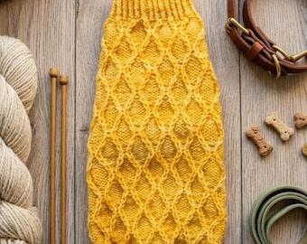 Hand-Knitted Welsh Wool Dog Sweater – Mustard Yellow Diamond Knit