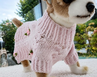 Pink Hand Knitted Dog Dress with Rosebuds | Small Dog Sweater | Chihuahua Dress | Puppy Jumper | Yorkie Clothing | Handmade Dog Clothes