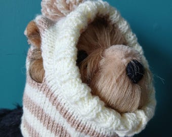 Handknitted Striped Dog, cat Snood with Pom Pom –Lemon and Beige Pet cowl, Fits 12" Head / 13" Neck, Soft Acrylic Winter Pet Cowl