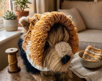 Hand Knitted Welsh Wool Dog Snood – Mustard Cream Cable Knit Small Dog Hat