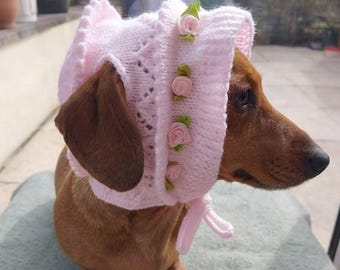 Hand-Knit Pink Floral Pet Bonnet – Dachshund, Small Breed Dog Hat with Ribbon Roses