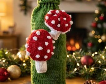 Hand Knitted Woodland Mushroom Wine Bottle Cover, Festive Christmas Table Decor & Gift