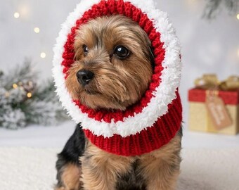 Hand Knitted Santa Dog Snood Hood | Christmas Dog Hat | Festive Dog Neck Warmer | Yorkshire Terrier Christmas Outfit | Small Dog Gift