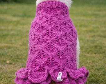 Hand Knit Welsh Wool Dog Sweater Dress - Fuchsia Leaf Pattern, Size Small