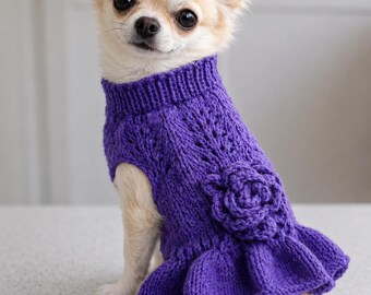 Hand Knit Welsh Wool Dog Sweater XS | Purple Flower Jumper
