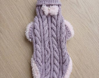 Handknit Lilac Cable Knit Dog Sweater with Fluffy Pink Trim & Bow, Soft Acrylic Fold-Over Neck Pet Jumper for Small Dogs