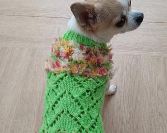 Handknitted Chihuahua Dog Dress,  Floral green heart design, Spring Sweater Outfit