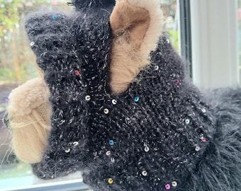 Handknitted Mohair small  Dog Hat, cat hat with Pom Pom and Ear Holes, Black Sequin Sparkle Doggie Snood