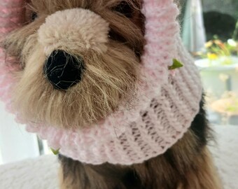 Handknitted Pink Dog Bonnet with Rosebuds, Premium Acrylic Doggie Hat with Ear Holes, Small Dog Sweater Accessory, Fits Head 12-14 Inches