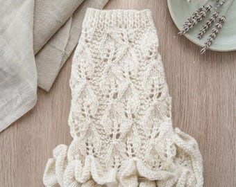 Hand-Knit Pure Welsh Wool Dog XS Sweater dress with ruffles  - Cream Leaf Lace Design