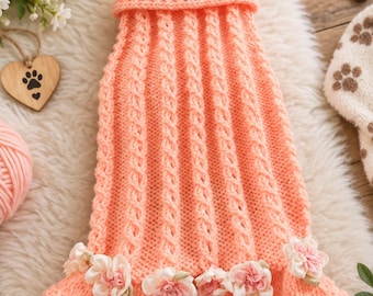 Hand Knitted Peach Dog Dress | Floral Trim, Mini Dachshund Outfit