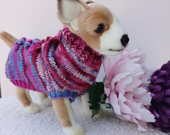 Hand Knitted Welsh Wool Dog Jumper XS | Multicolour Wine Purple & Pink | Bobble Detail