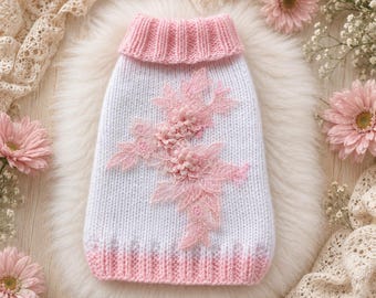 Hand-Knitted Floral Lace Applique Dog Sweater, Pink White Chihuahua Jumper