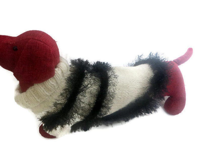 Dachshund dog sweater in chunky cream knit trimmed with black fun fur knitting yarn fringe.