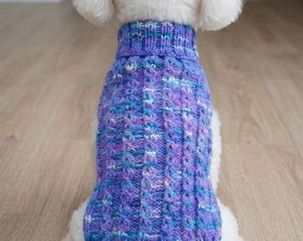 Hand Knitted Welsh Wool Dog Sweater – Bichon Frise Jumper, Purple Blue Variegated