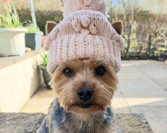 Hand Knitted Dog Hat with Ear Slits, Pom Pom Puppy Beanie (12–14 Inch)
