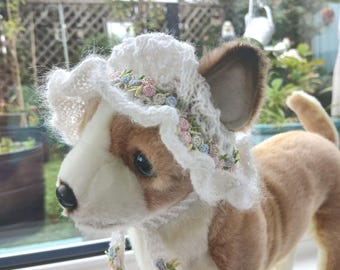 Handmade Knit  small Dog Hat, White Ruffle Pet Bonnet with Ear Holes, Premium Alpaca Wool Mohair Dog Sun Hat, Fits 10 Inch (25cm) Head