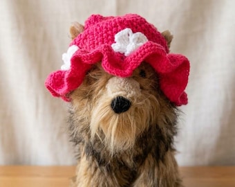 Handknitted Dog Hat with Ear Holes | Ruffled Bonnet with White Flowers, Pet Photo Prop