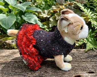 Hand Knitted Dog Dress | Black Sparkly Mohair, Red Ribbon Tutu | Small Puppy Party Outfit