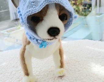 Hand Knitted Blue Dog Bonnet – Bobble Stitch Puppy Hat with Ear Holes (9-10" Circumference)