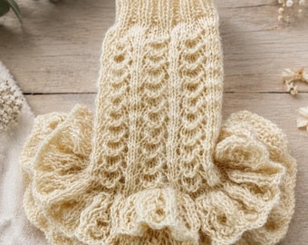 Hand-Knitted Welsh Wool Dog Sweater Dress – Victorian Lace Ruffle Puppy Outfit