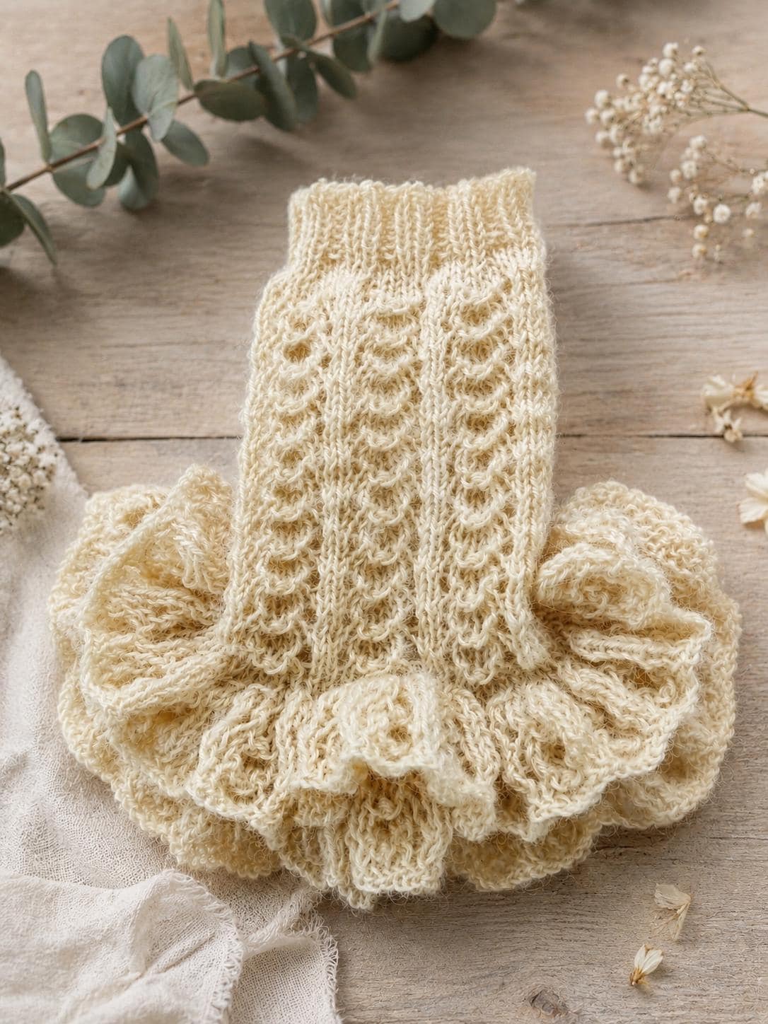 Hand-Knitted Welsh Wool Dog Sweater Dress - Victorian Lace Ruffle Puppy Outfit