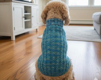 Hand-Knitted Welsh Wool Dog Jumper | Blue & Pink fit Medium size dog