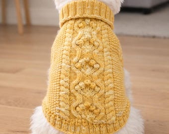 Hand-Knitted Welsh Wool Dog Sweater – Mustard Cable Knit, Medium