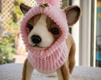 Hand Knitted Pink Dog Snood Hat | Puppy Hood with Pom Pom | Small Dog Winter Hood | Cute Dog Neck Warmer | Handmade Pet Gift