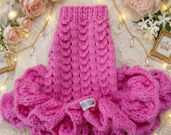 Hand Knitted Welsh Wool Dog Dress XS, Pink Ruffle Jumper