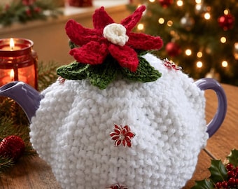 Hand Knitted Christmas Teapot Cosy, White  4 Cup Tea Cosy, Festive Poinsettia