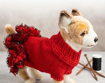 Handknitted Red Dog Party Dress with Ribbon Frill tutu -  Small Dog Sweater Dress - Festive Clothes for Chihuahuas, Yorkies, and Toy Breeds