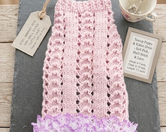 Handknitted Teacup Puppy Dress, Shell Stitch Baby Pink Dog Sweater with Lace Trim, XXS Kitten Outfit, Tiny Dog Clothes