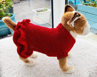 Hand Knitted Red Dog Dress with Ruffles, xxs  Sparkly Puppy Jumper, Small Dog Sweater, Knit Clothes for Chihuahua Yorkie