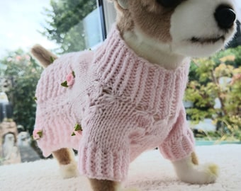 Pink Hand Knitted Dog Dress with Rosebuds | Small Dog Sweater | Chihuahua Dress | Puppy Jumper | Yorkie Clothing | Handmade Dog Clothes