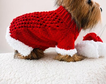 Handmade Knit Dog Sweater, Christmas Santa Dog Costume, Red Holiday Puppy Outfit, Small Dog Winter Clothes, Knitted Pet Apparel, Dog Gift