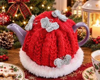 Christmas Tea Cosy for 4 Cup Teapot, Handmade teapot Cover, Silver Butterfly Tea Cosy, Festive Kitchen Gift