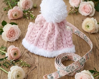 Pink Cable Knit Dog Hat with White Pom Pom & Ear Slits (16 inches)