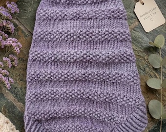 Hand Knit Welsh Wool Dog Sweater | Lavender Textured Jumper fit a pug size dog