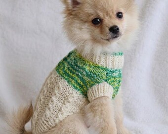 Hand-Knit Welsh Wool Dog Sweater, XXS Cable Knit Puppy Jumper, Cream Green Polo Neck
