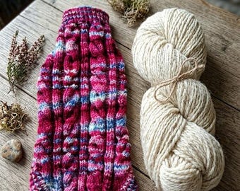 Hand-Knitted Welsh Wool Dachshund Sweater | Pink Blue Variegated Cable Knit Jumper