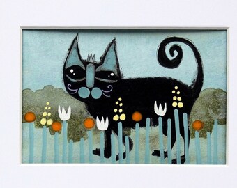 Original Illustration mit Passepartout, Schwarze Katze Bild