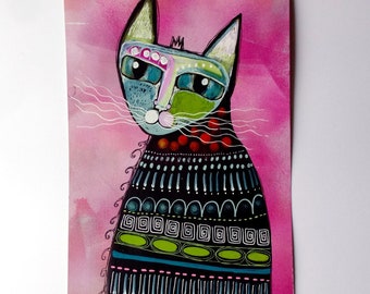 Original folk art on paper, Cat lovers gift