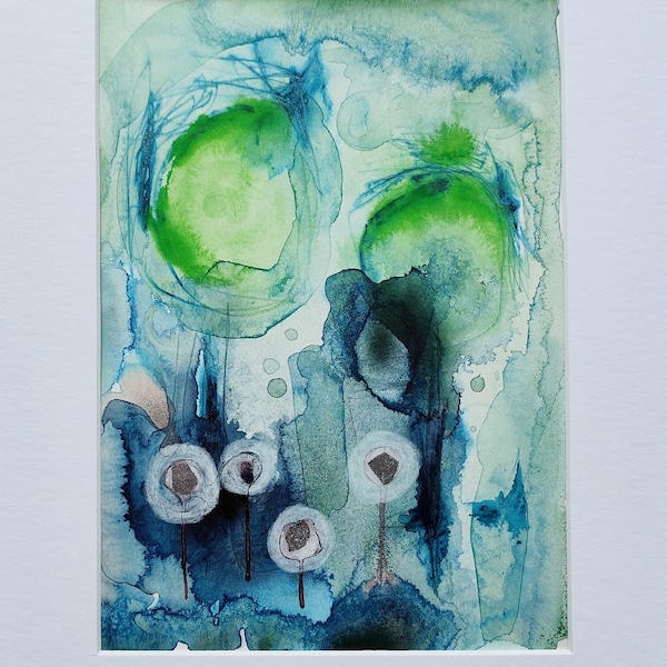 Abstraktes Aquarell Grün Blau / Original Malerei / Abstrakte Landschaft mit Bäumen / Sara Rodighiero