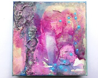 Colorful abstract painting on stretched canvas, 7.8 x 7.8 inches